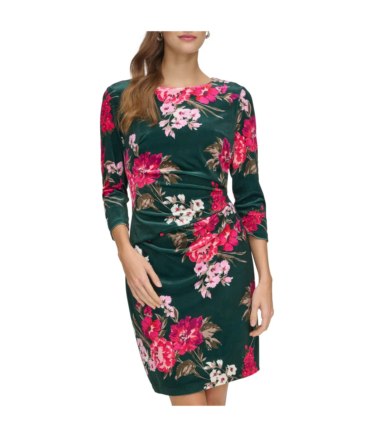 Affordable Luxury Ptd Velvet Side Tuck Bodycon With 3/4 Sleeve Green Multi  Almost Gone!