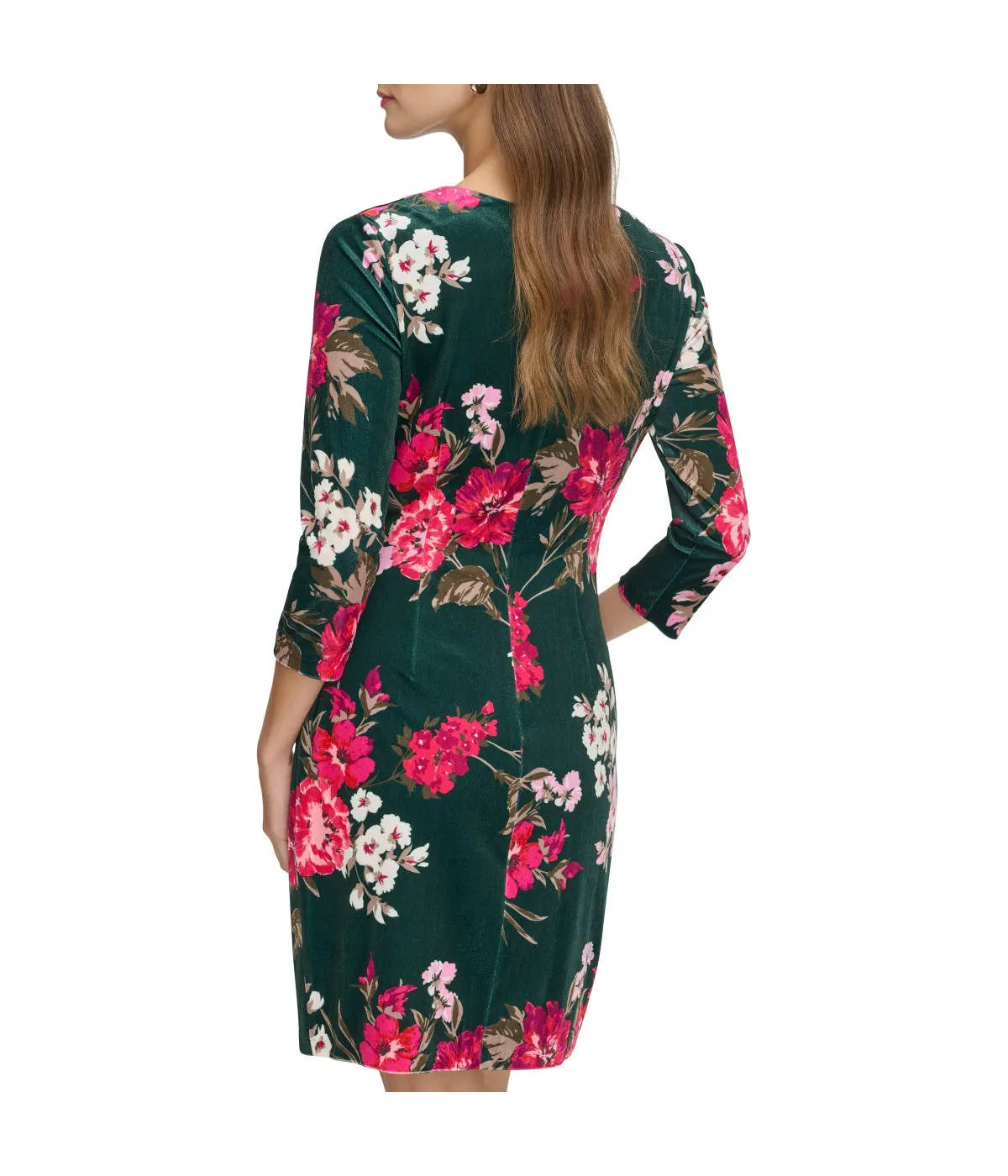 Affordable Luxury Ptd Velvet Side Tuck Bodycon With 3/4 Sleeve Green Multi  Almost Gone!