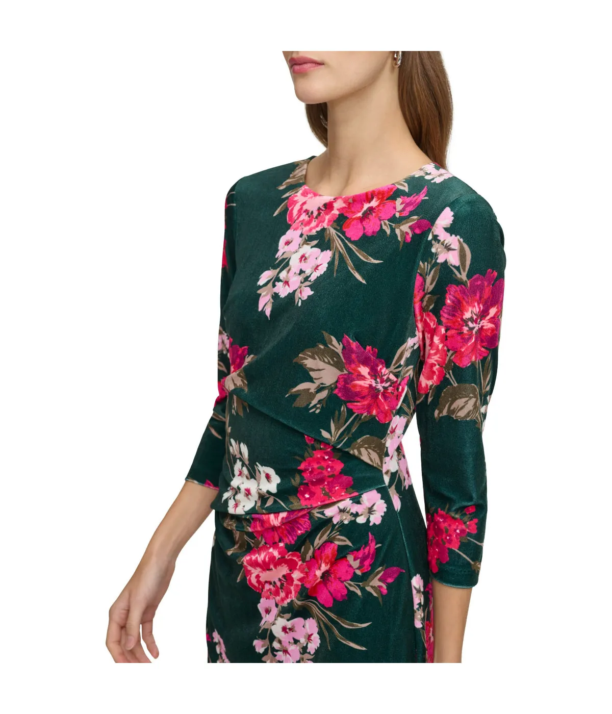 Affordable Luxury Ptd Velvet Side Tuck Bodycon With 3/4 Sleeve Green Multi  Almost Gone!