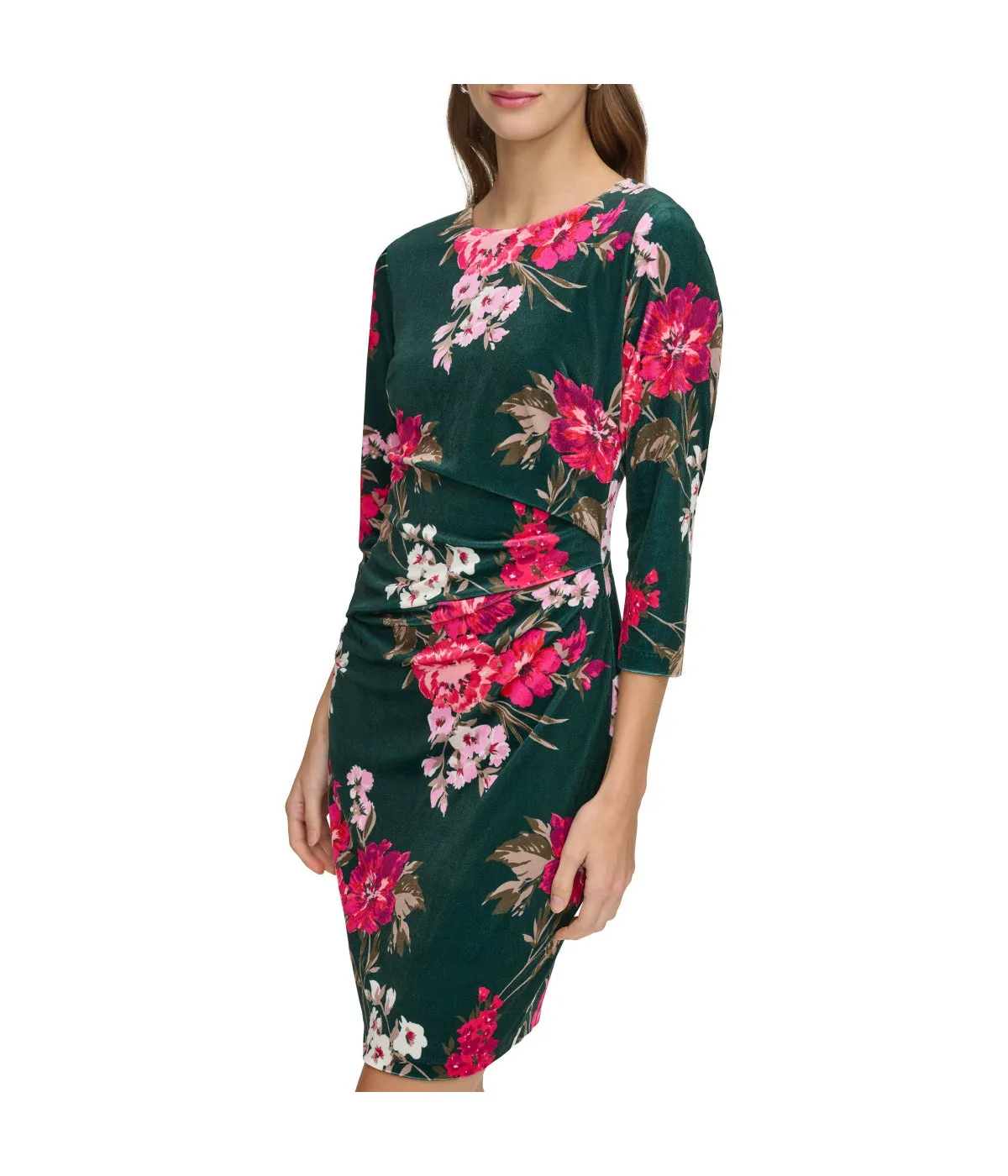 Affordable Luxury Ptd Velvet Side Tuck Bodycon With 3/4 Sleeve Green Multi  Almost Gone!