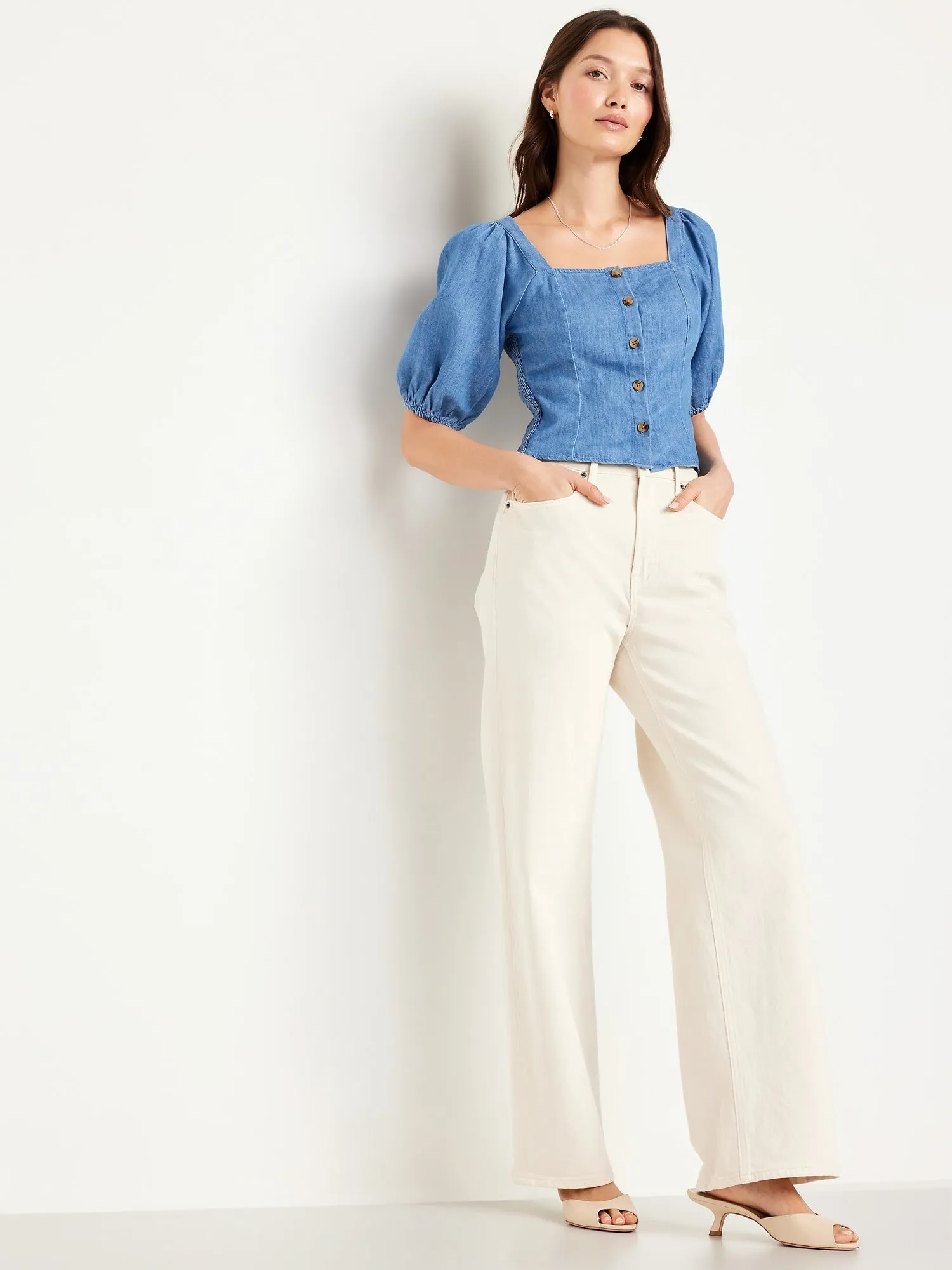 Button-Down Puff-Sleeve Top