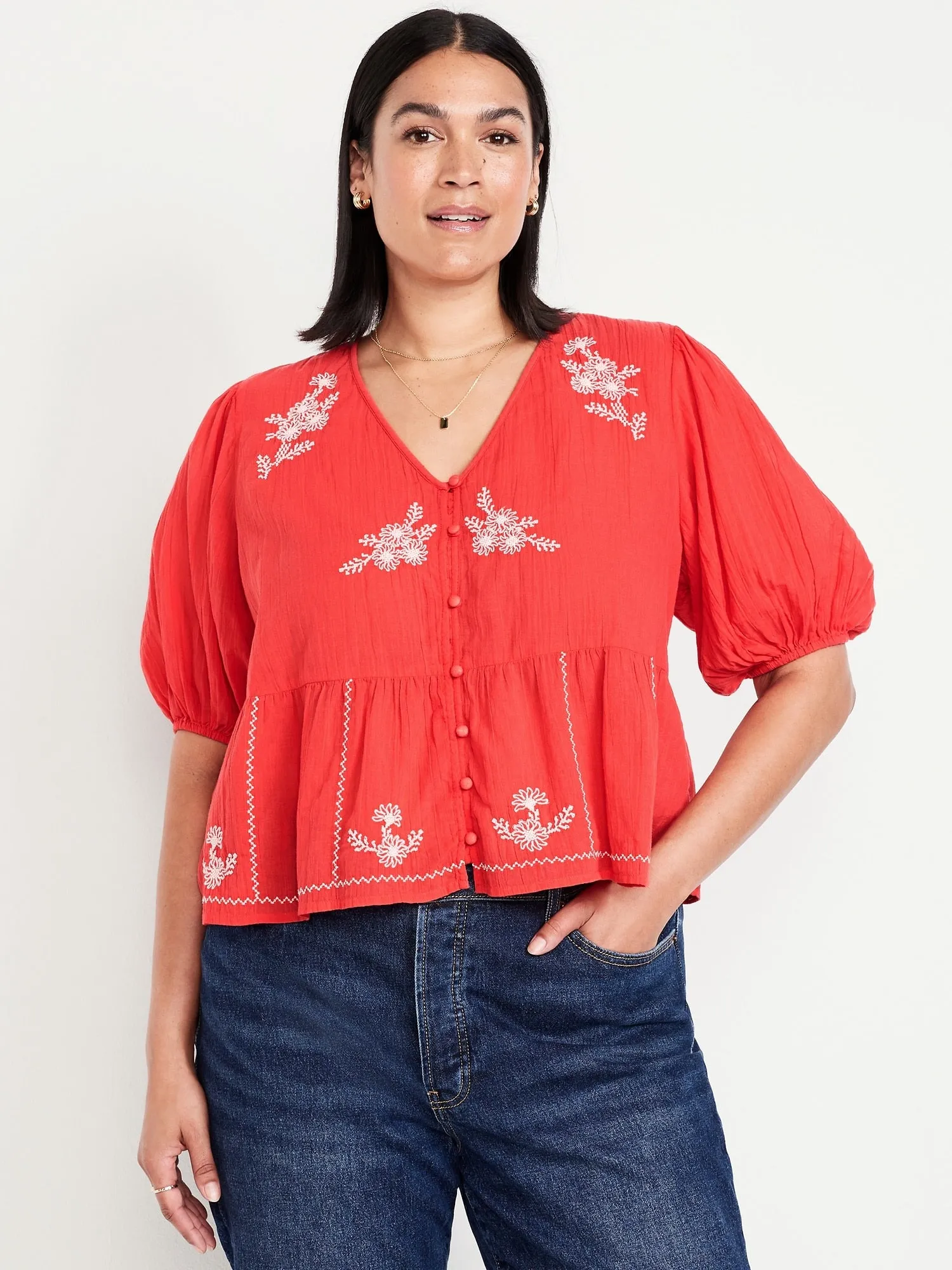 Crinkle Gauze Button-Down Embroidered Top
