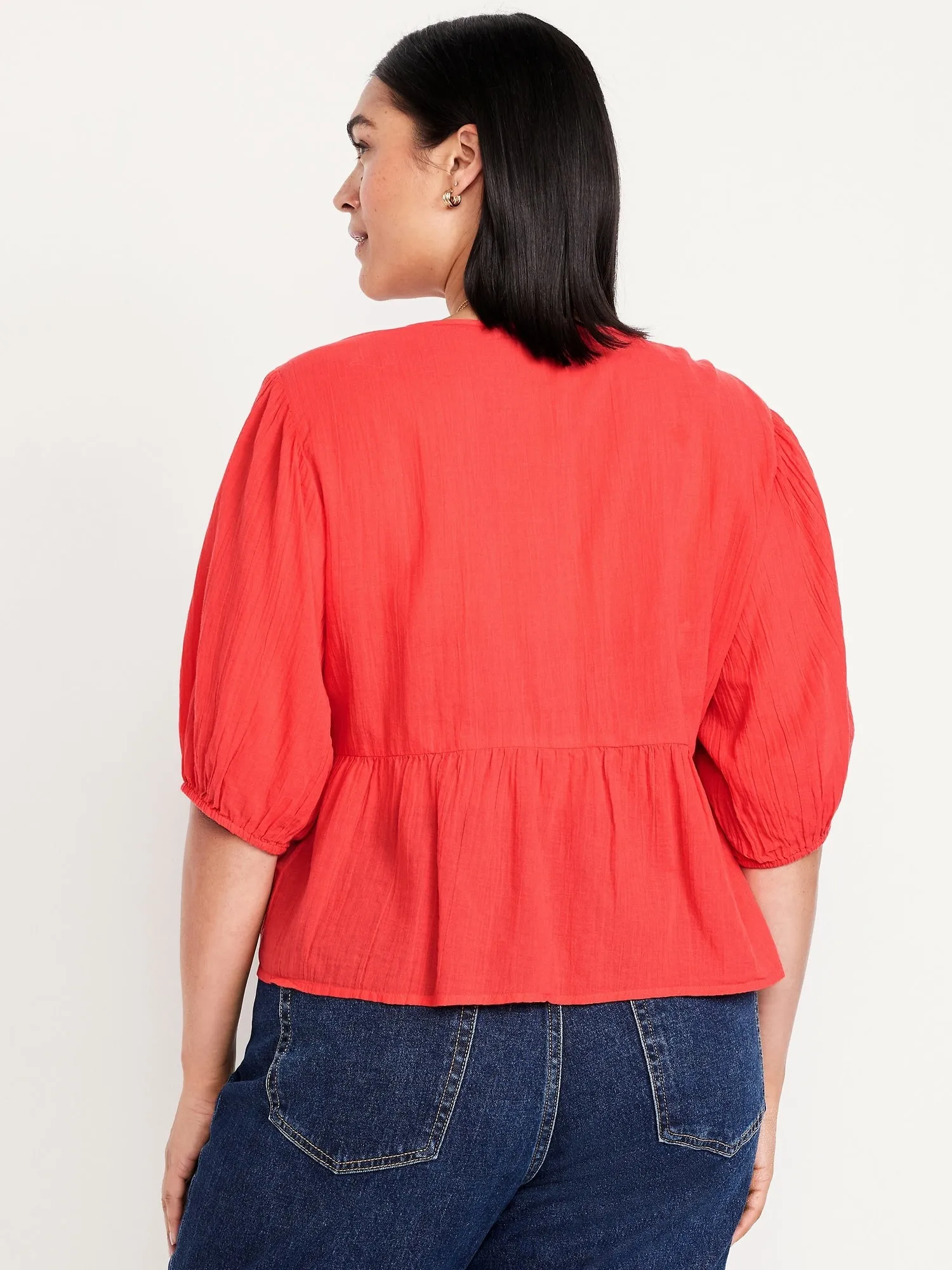 Crinkle Gauze Button-Down Embroidered Top