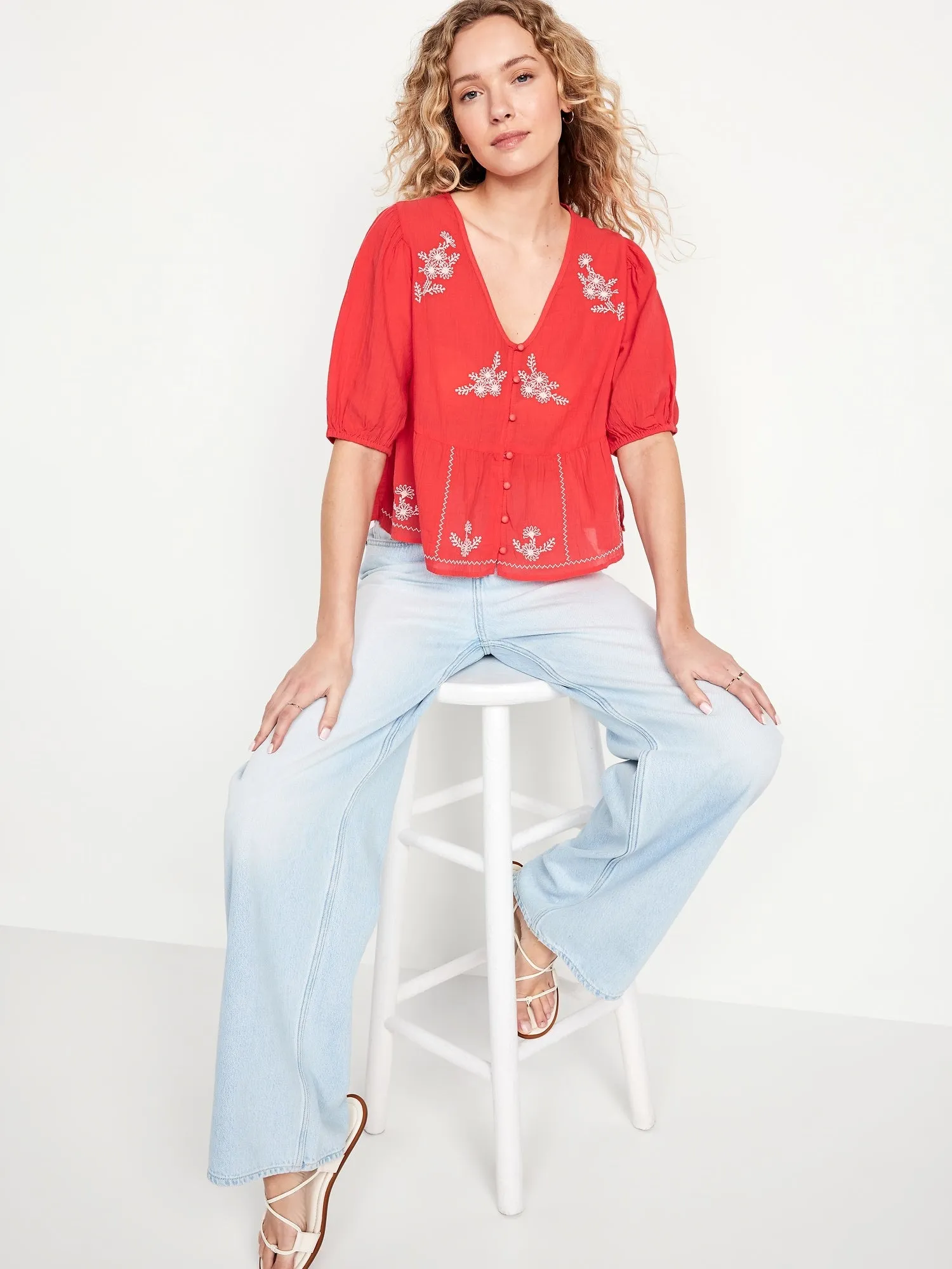 Crinkle Gauze Button-Down Embroidered Top