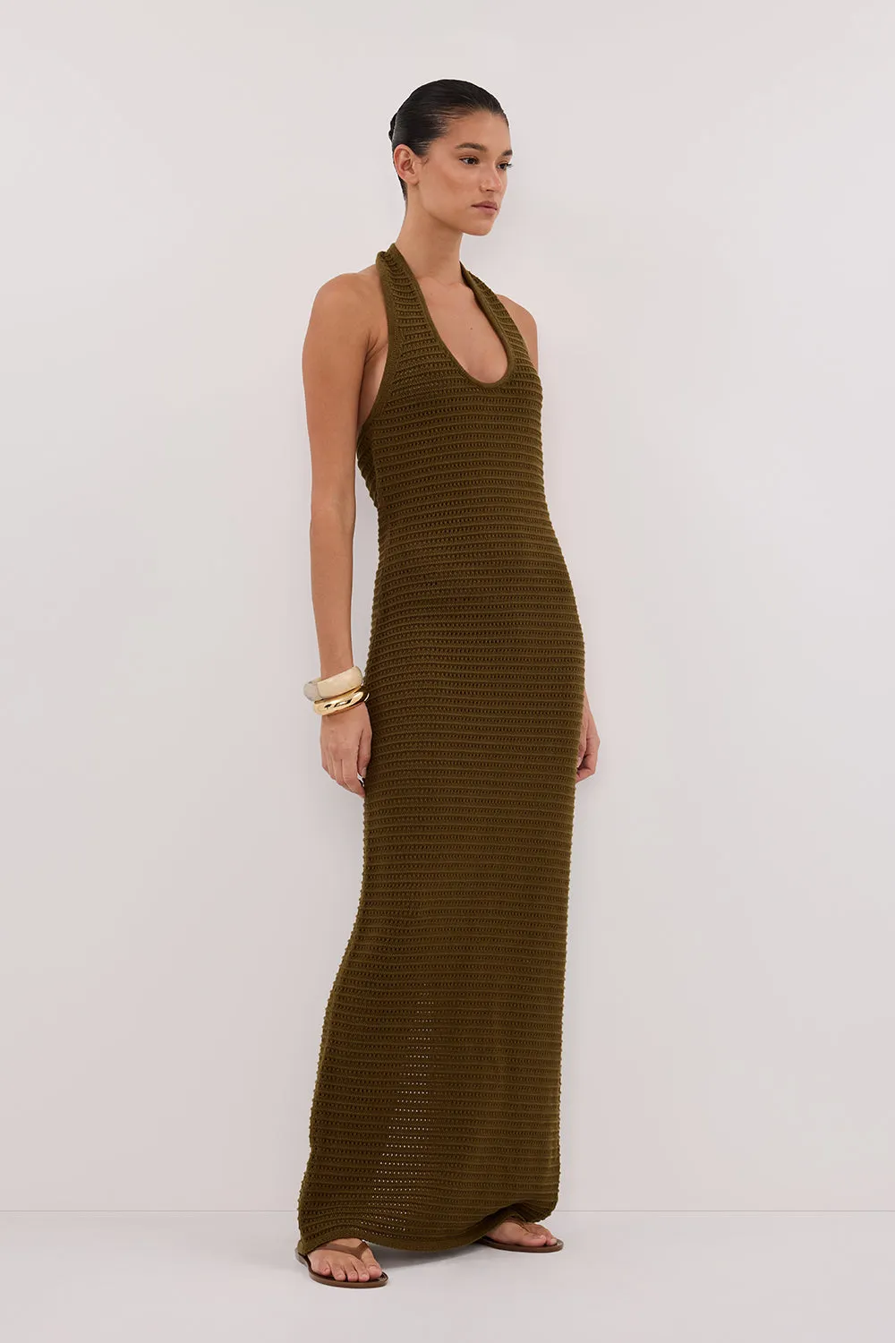 Dissh GINA OLIVE HALTER CROCHET DRESS