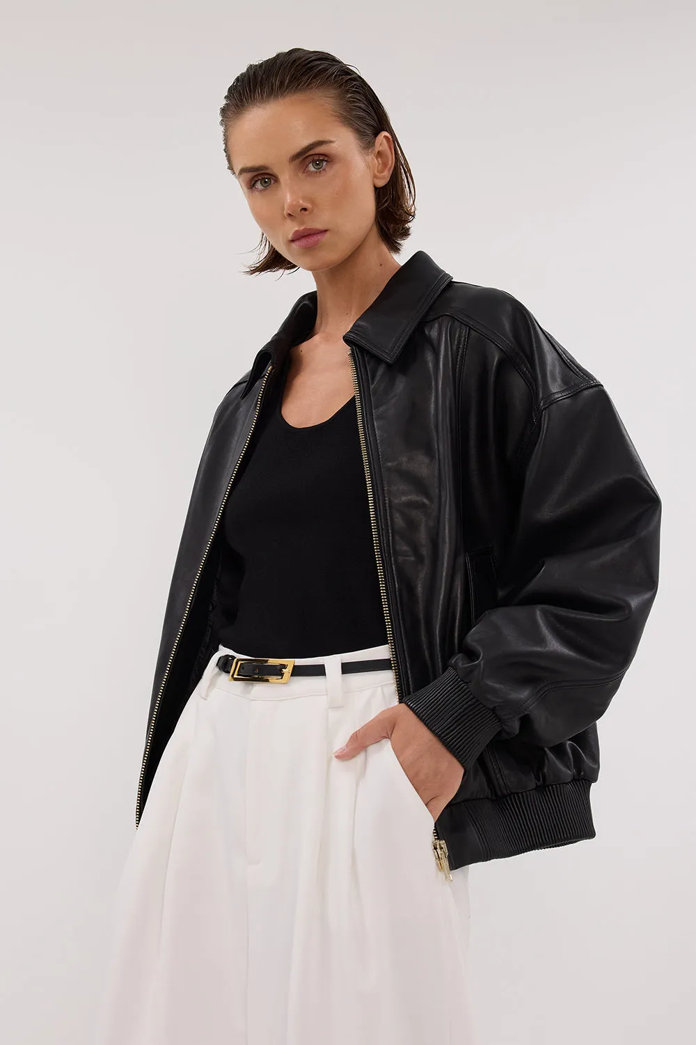 Dissh HUTTON BLACK LEATHER BOMBER JACKET