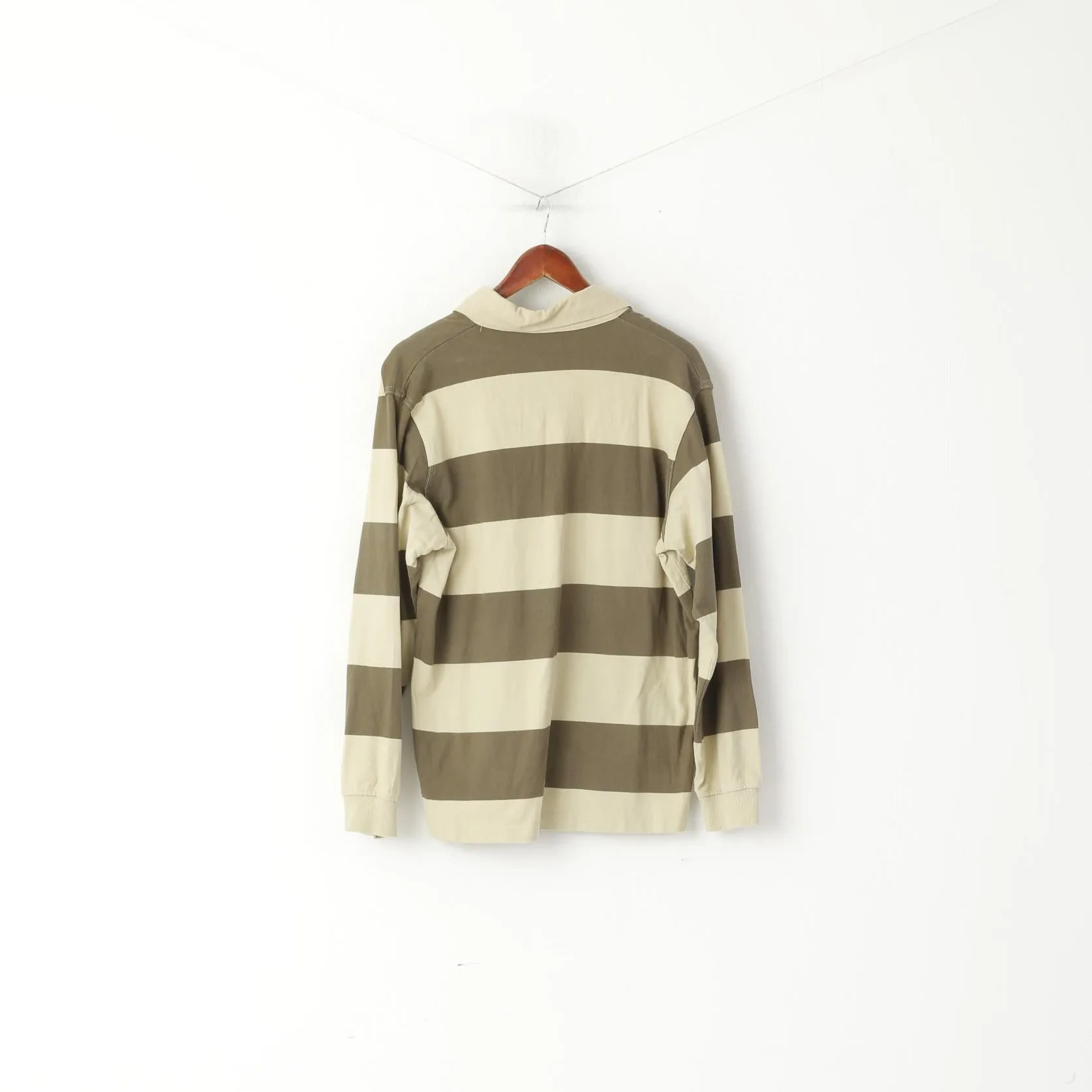 FILA Men L (M) Polo Shirt Green Striped Retroi Cotton Detailed Buttons Long Sleeve Top