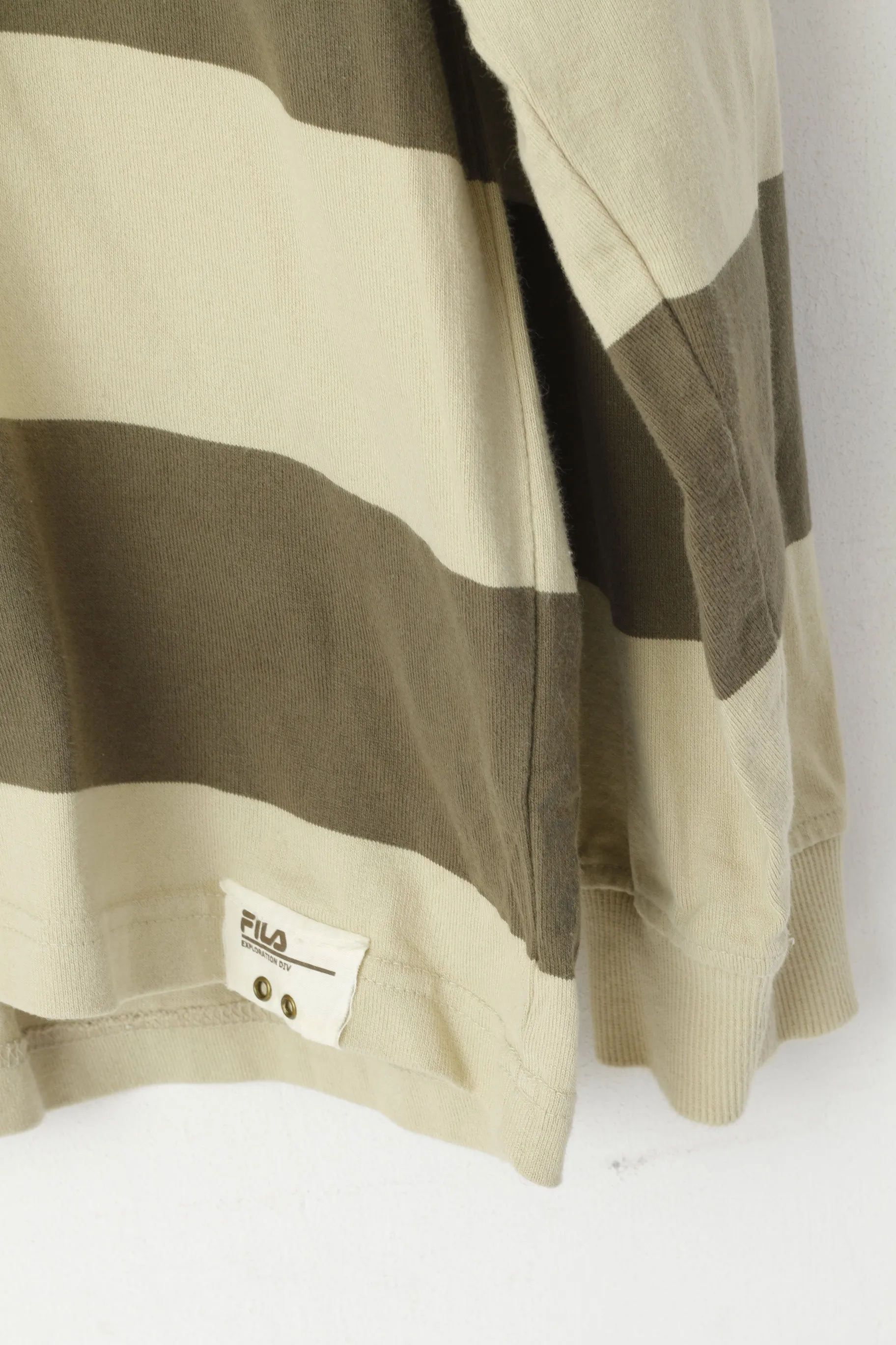 FILA Men L (M) Polo Shirt Green Striped Retroi Cotton Detailed Buttons Long Sleeve Top