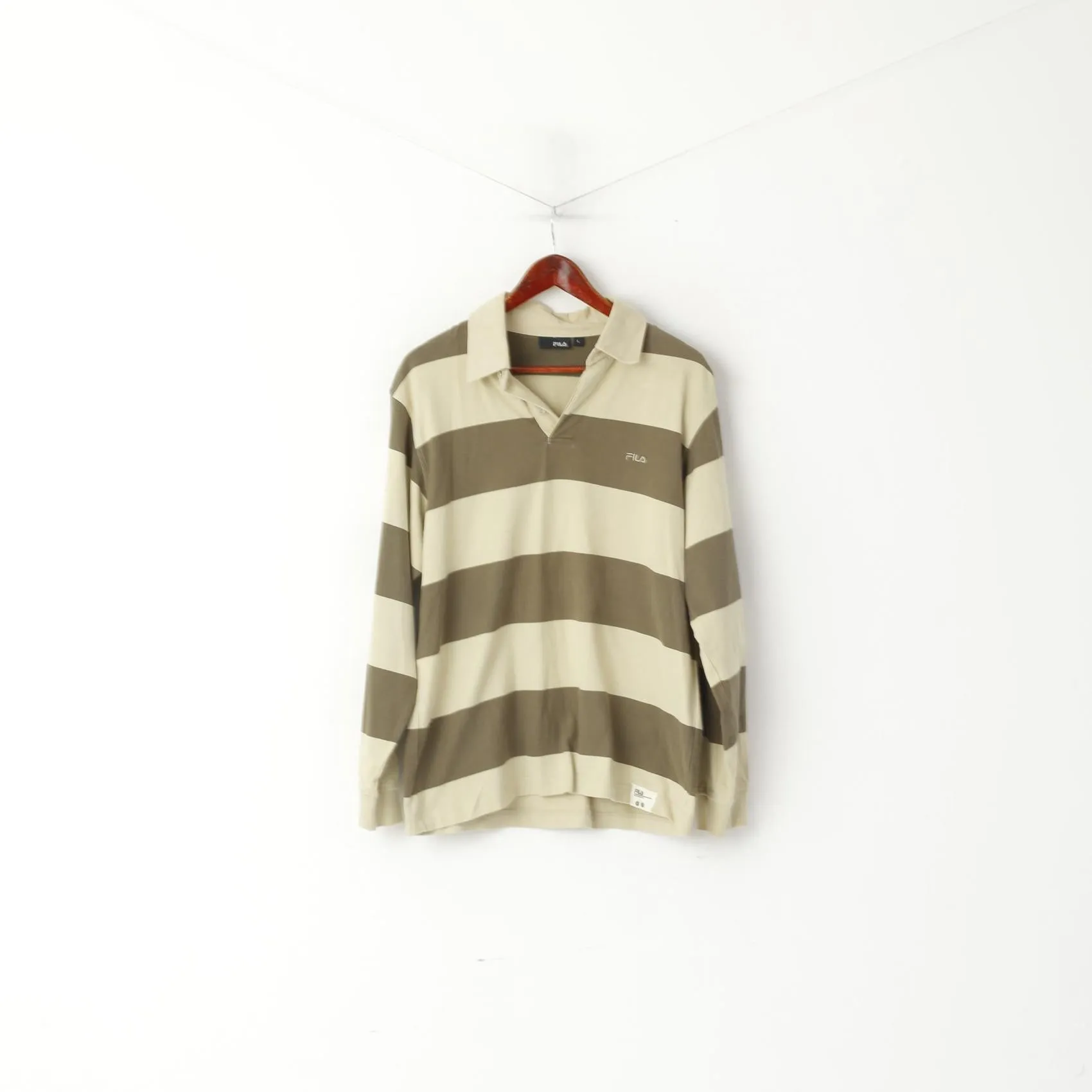 FILA Men L (M) Polo Shirt Green Striped Retroi Cotton Detailed Buttons Long Sleeve Top
