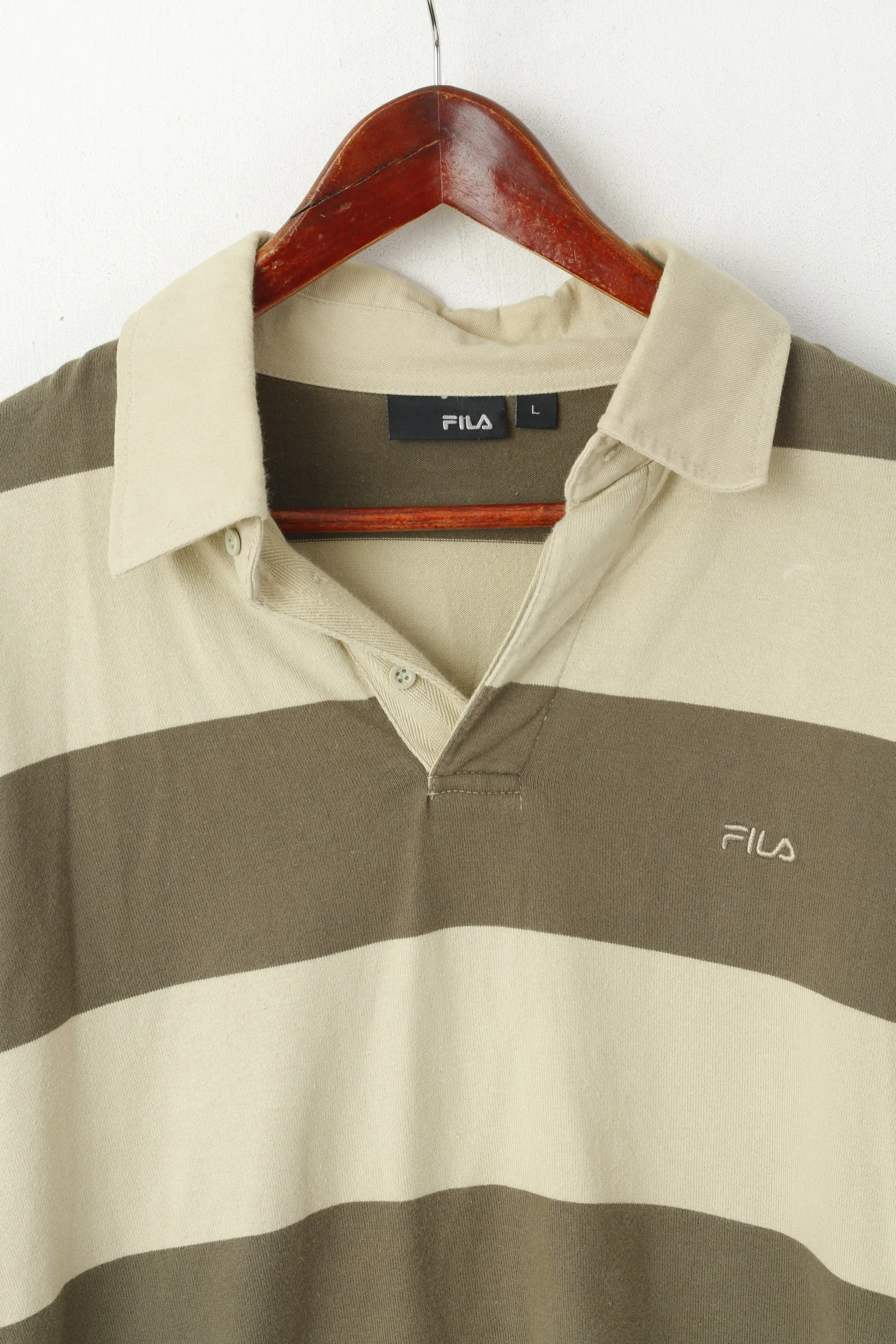 FILA Men L (M) Polo Shirt Green Striped Retroi Cotton Detailed Buttons Long Sleeve Top