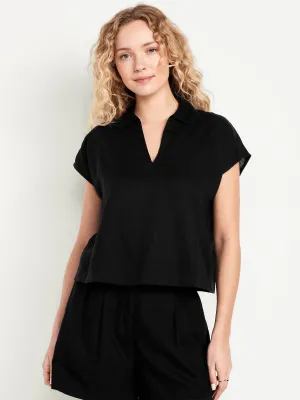 Linen-Blend Cropped Popover Shirt