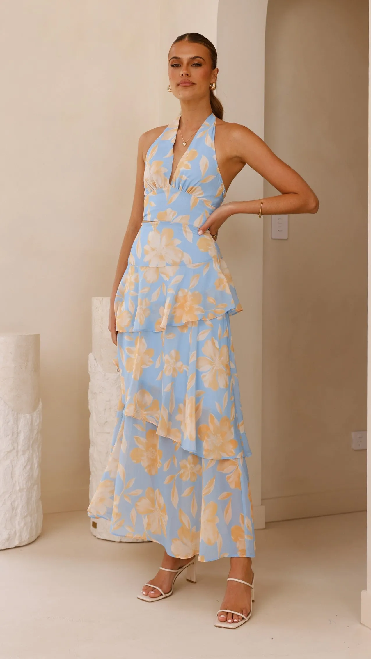 Louka Layered Maxi Dress - Blue/Yellow Floral Billy J