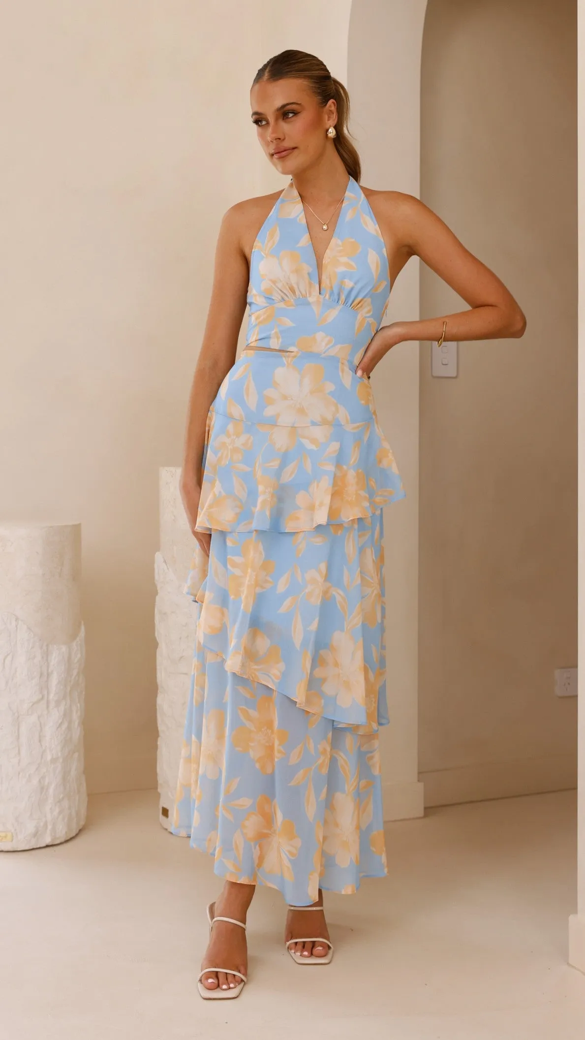 Louka Layered Maxi Dress - Blue/Yellow Floral Billy J