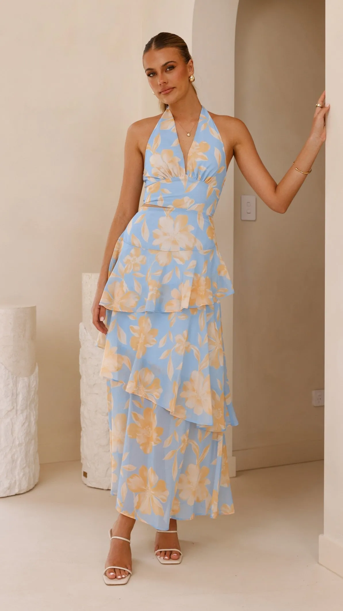 Louka Layered Maxi Dress - Blue/Yellow Floral Billy J