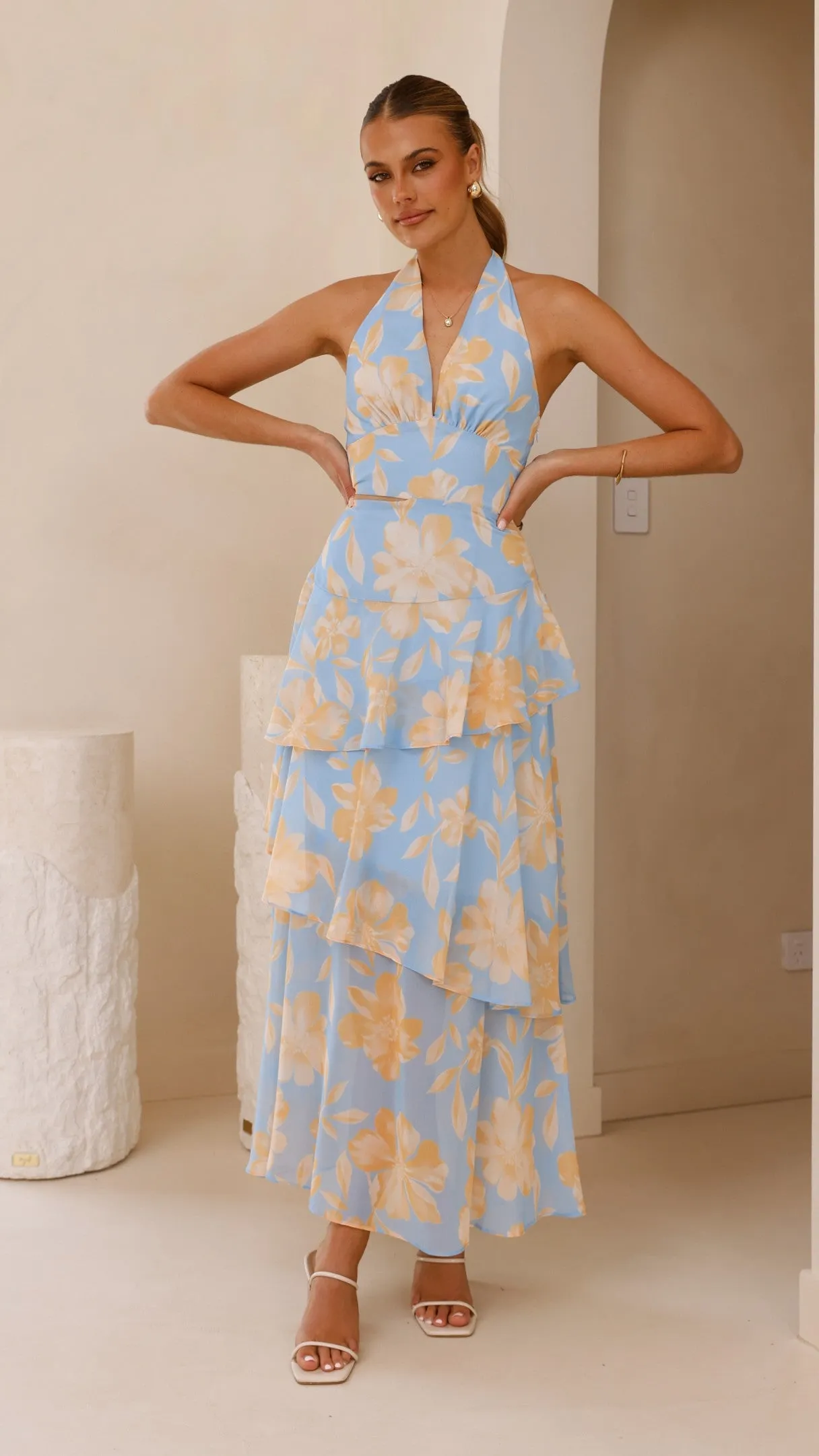 Louka Layered Maxi Dress - Blue/Yellow Floral Billy J