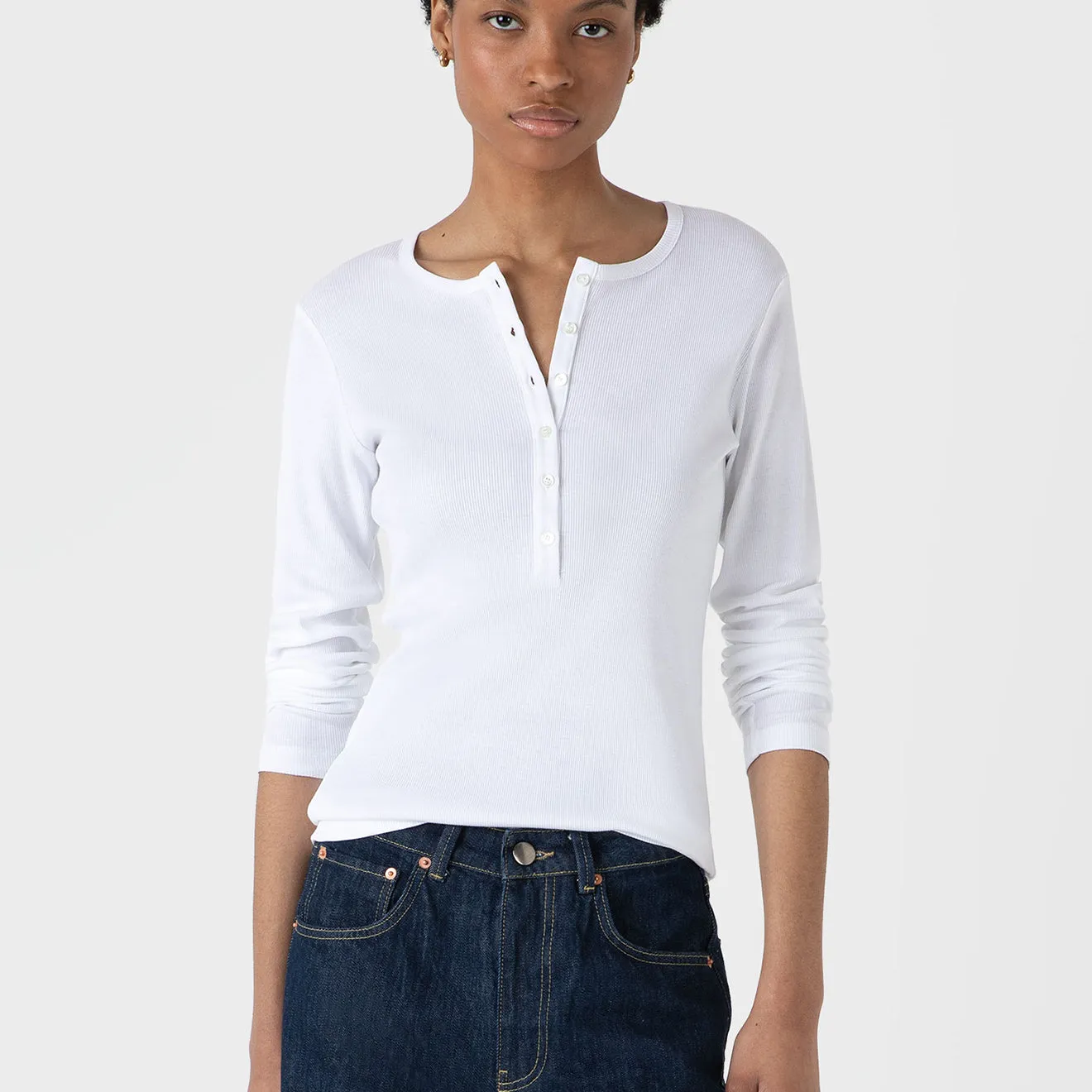 Luxury Feel Sunspel Womens Rib Henley White  Almost Sold Out!