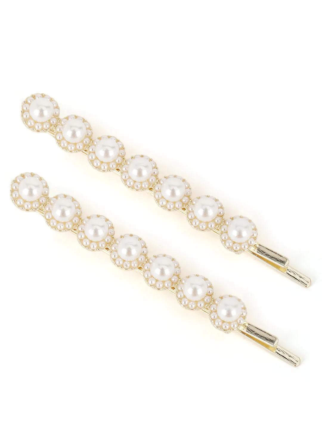 Set Of 2 Gold-Plated Off-White Beaded Handcrafted Hair Clips