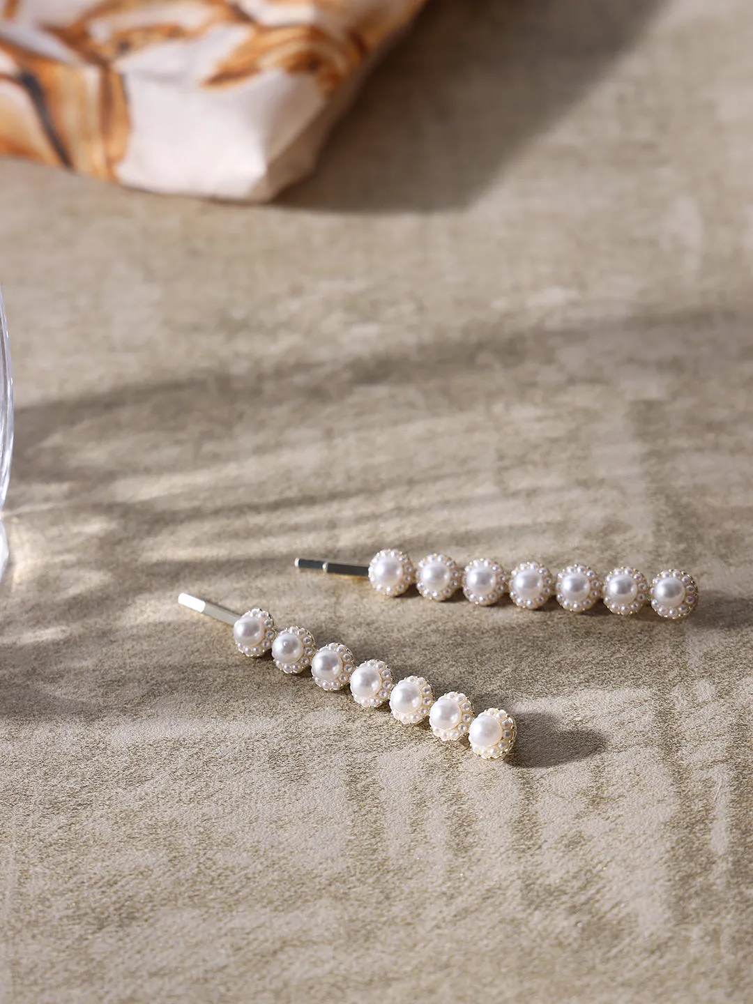 Set Of 2 Gold-Plated Off-White Beaded Handcrafted Hair Clips