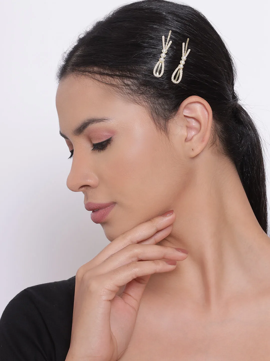 Set Of 2 Gold-Plated Off-White Gold Beaded Handcrafted Hair Clips