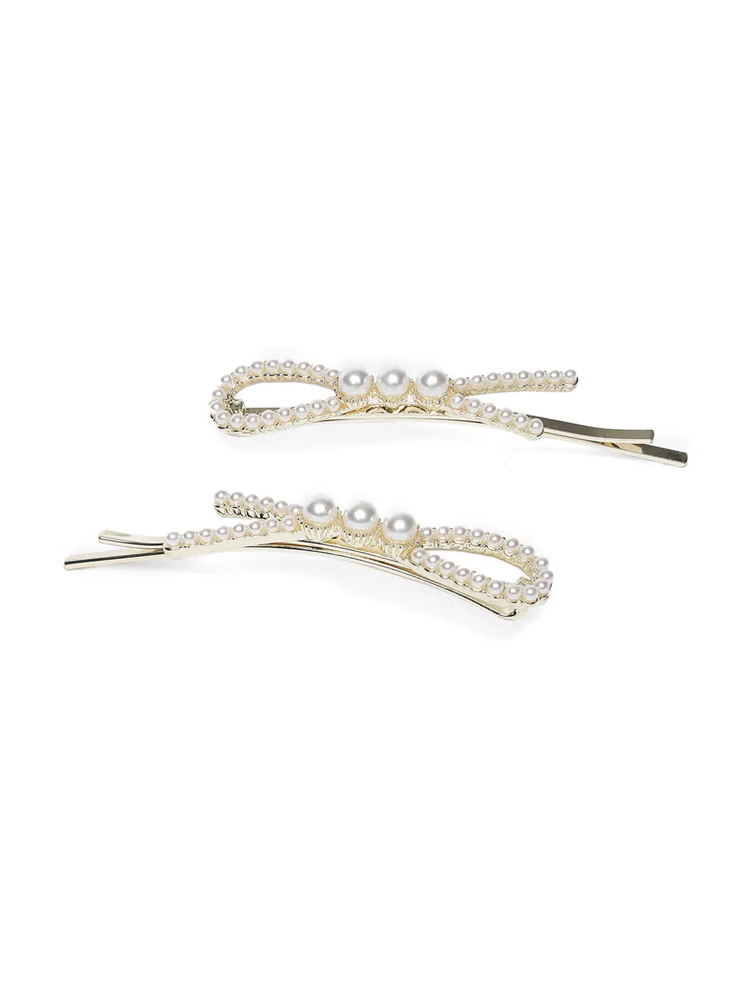 Set Of 2 Gold-Plated Off-White Gold Beaded Handcrafted Hair Clips