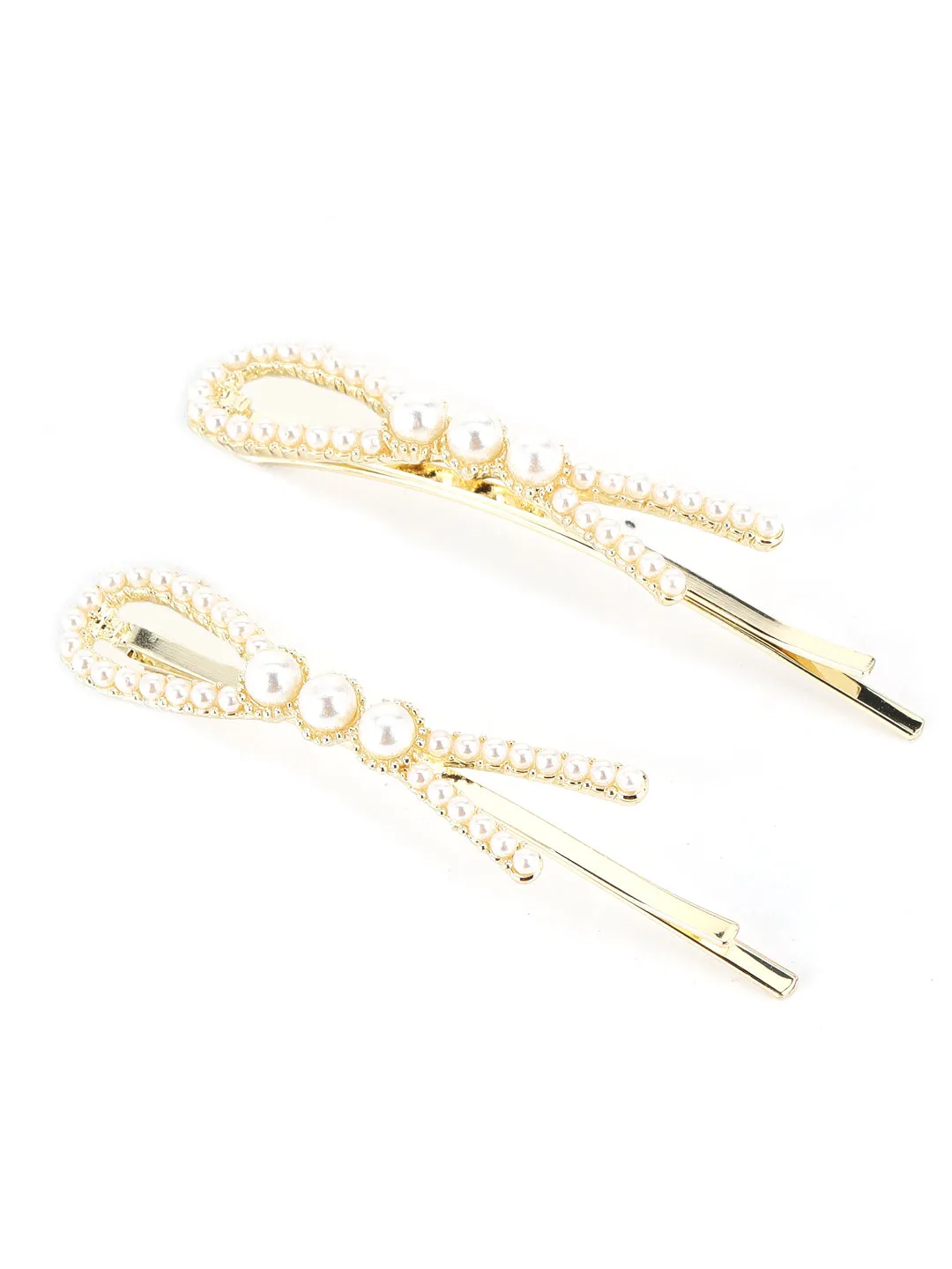Set Of 2 Gold-Plated Off-White Gold Beaded Handcrafted Hair Clips