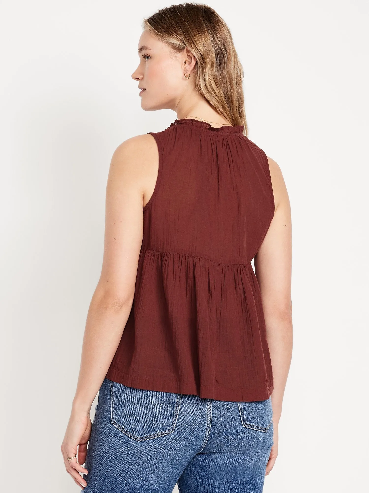 Sleeveless Crinkle Gauze Tie-Front Top