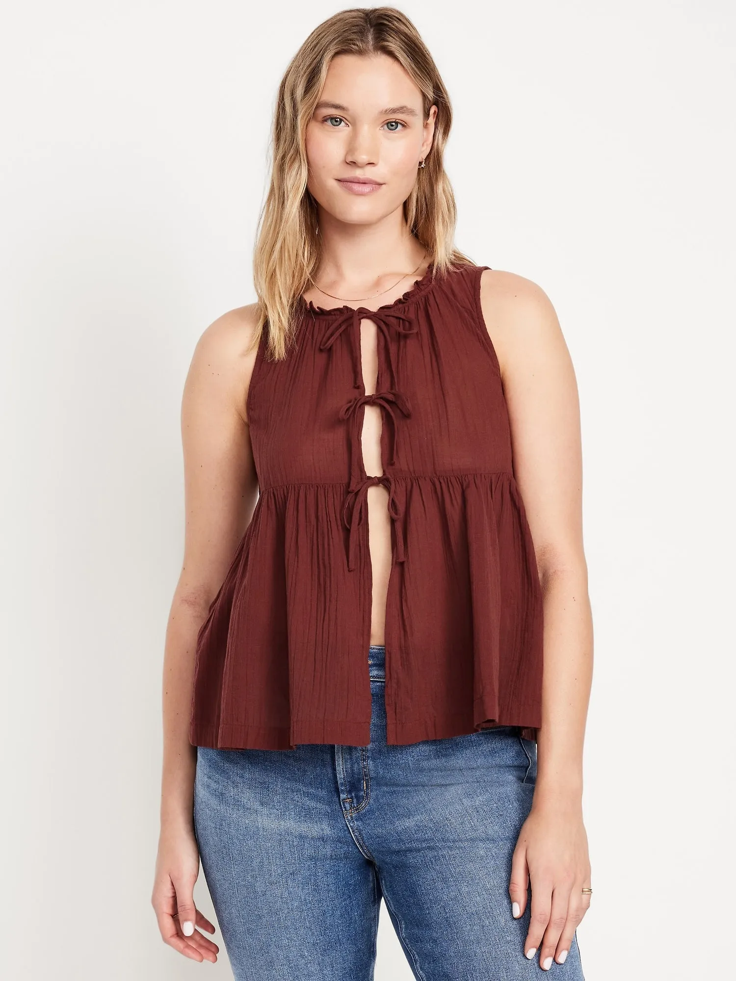 Sleeveless Crinkle Gauze Tie-Front Top