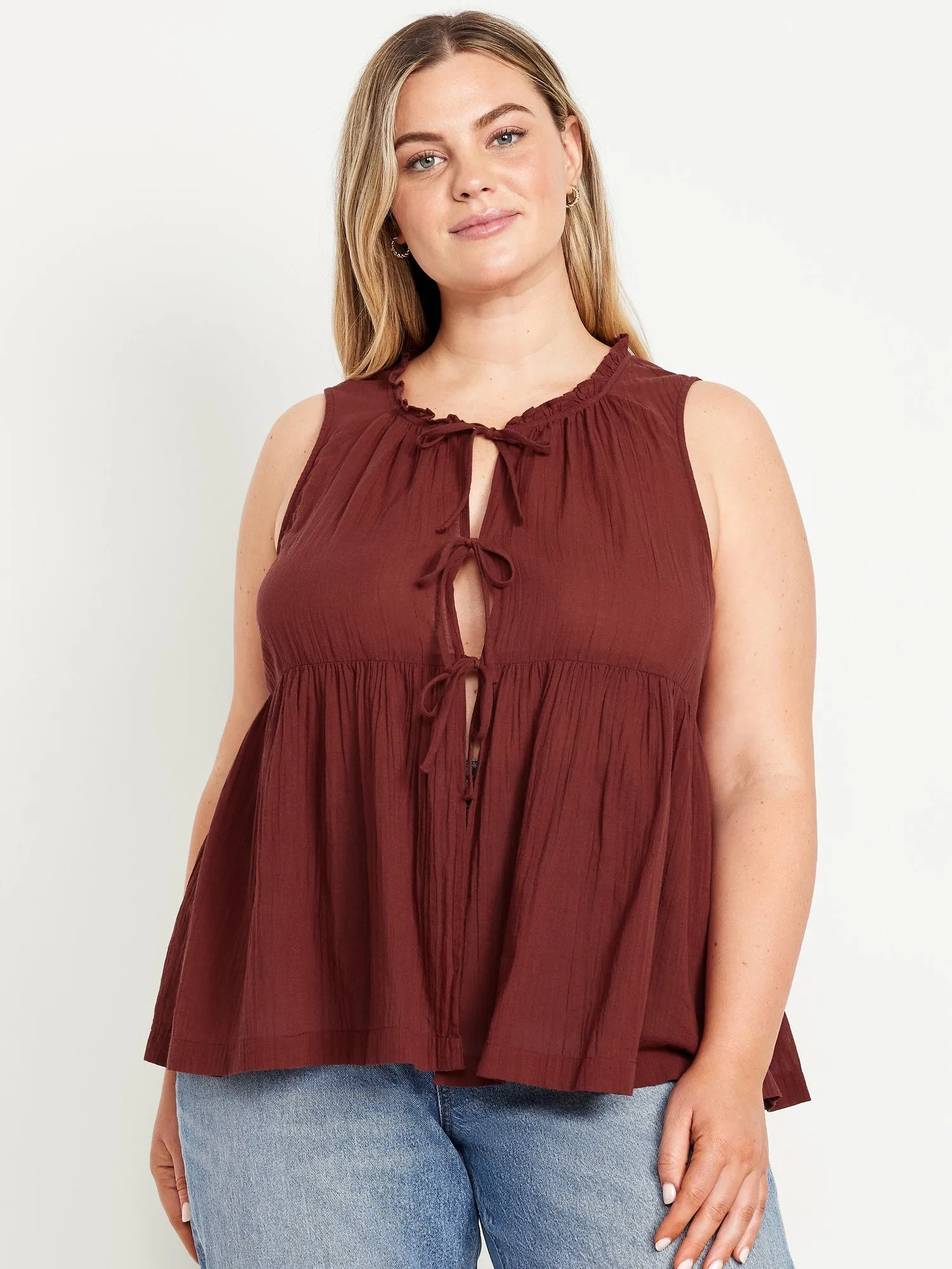 Sleeveless Crinkle Gauze Tie-Front Top