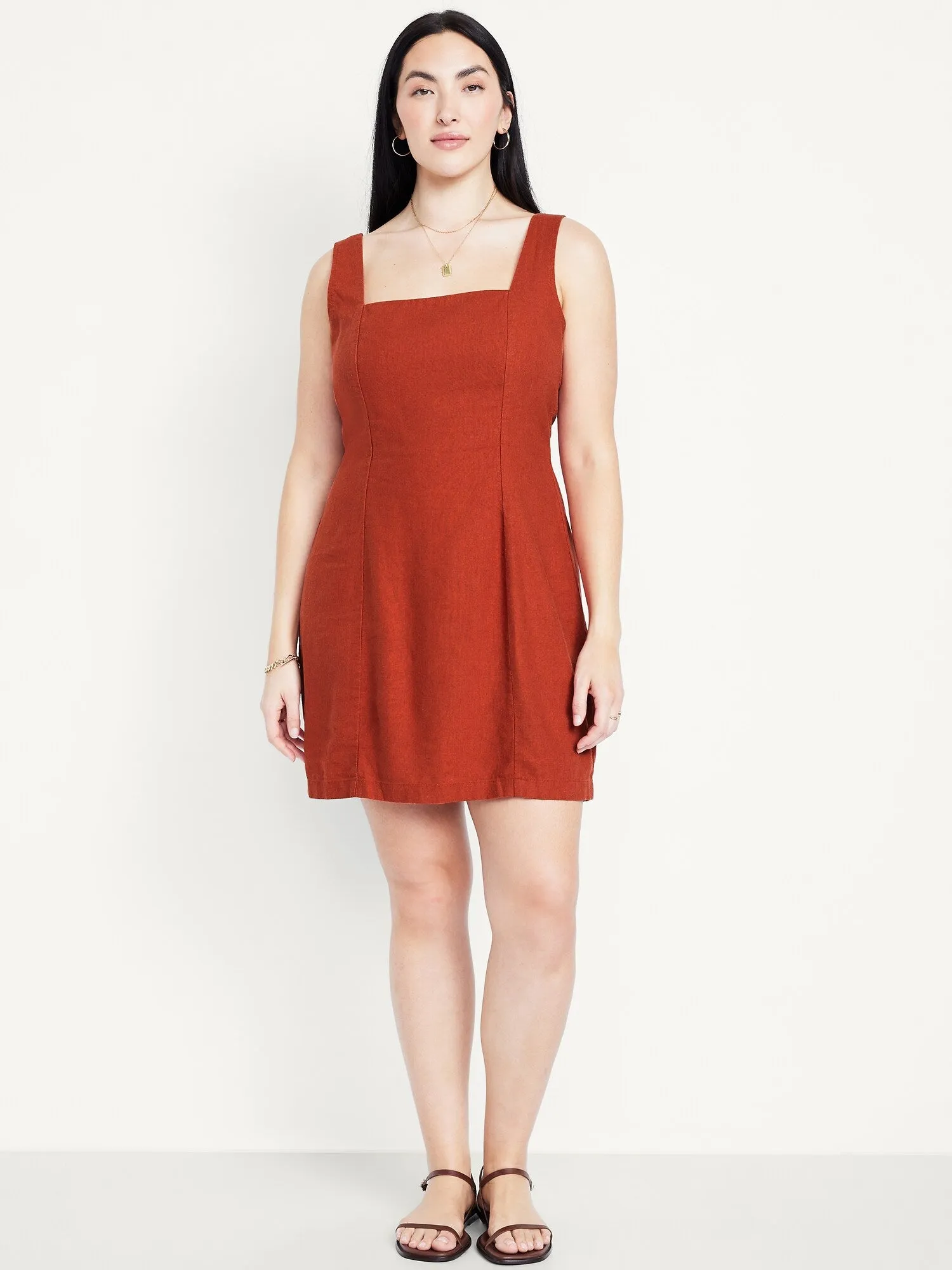 Square-Neck Linen-Blend Mini Dress