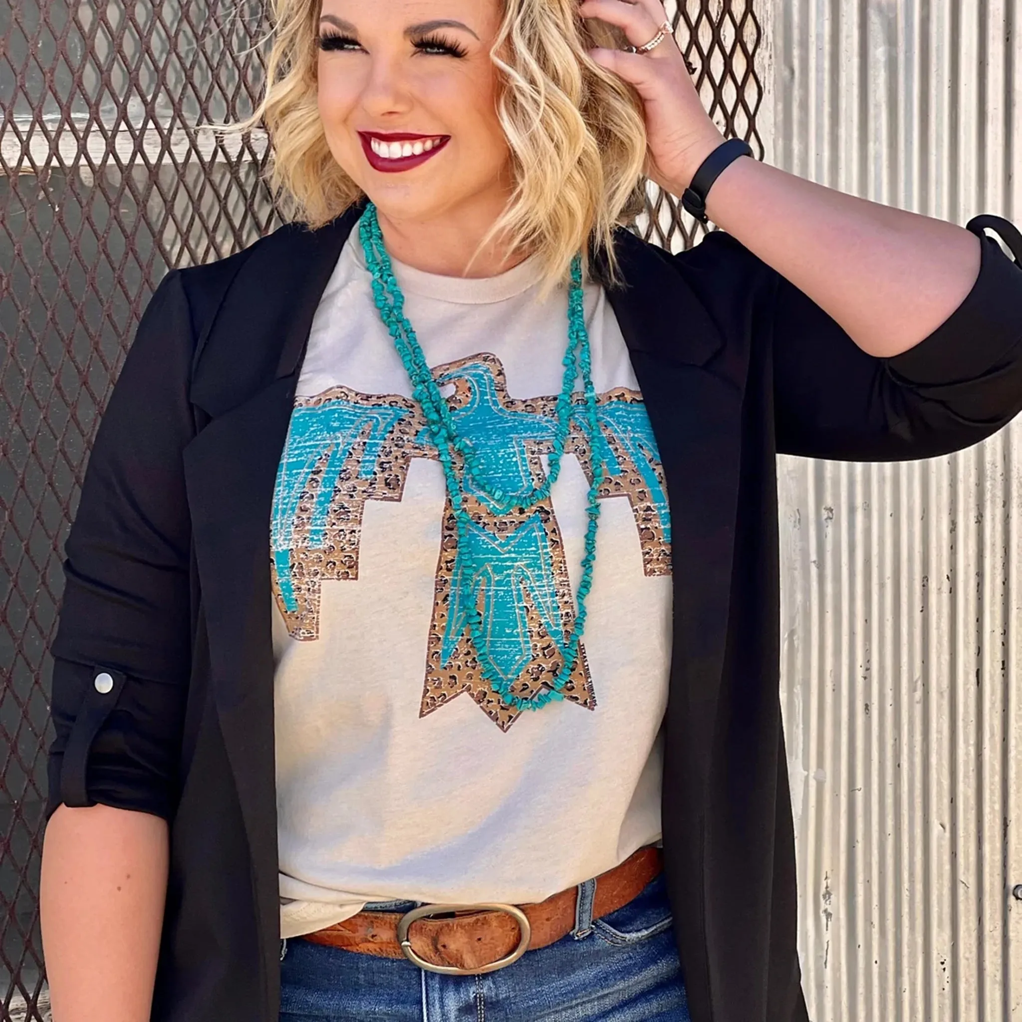 Texas True Ladies Cassie Thunderbird Tee-Leopard/Cream/Turquoise