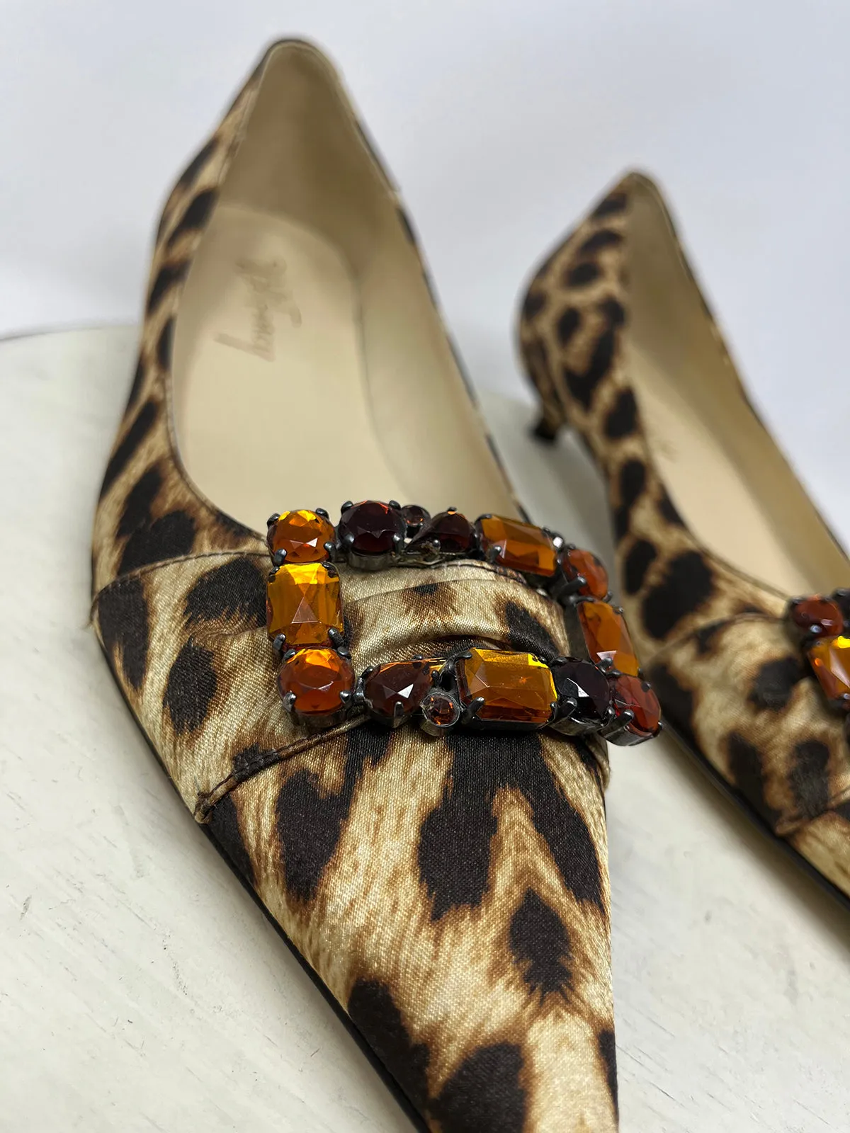 Will's Fancy Size 8 Leopard Satin Kitten Heels NWOB